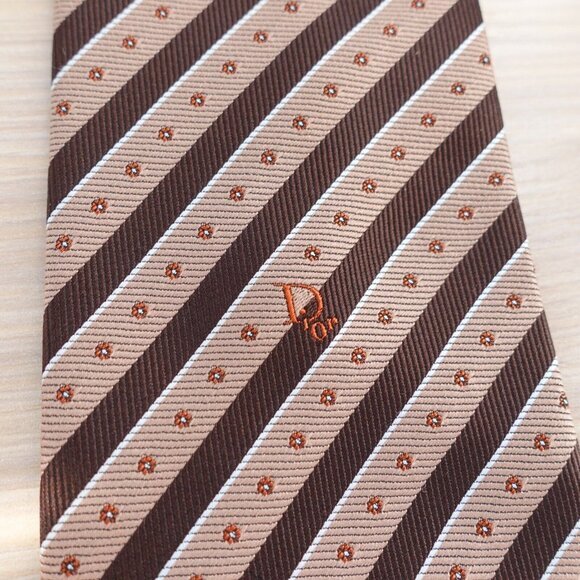 Christian Dior Neck Tie Mens Brown Striped Silk Logo Initial Flower Rustic Short - Picture 5 of 10